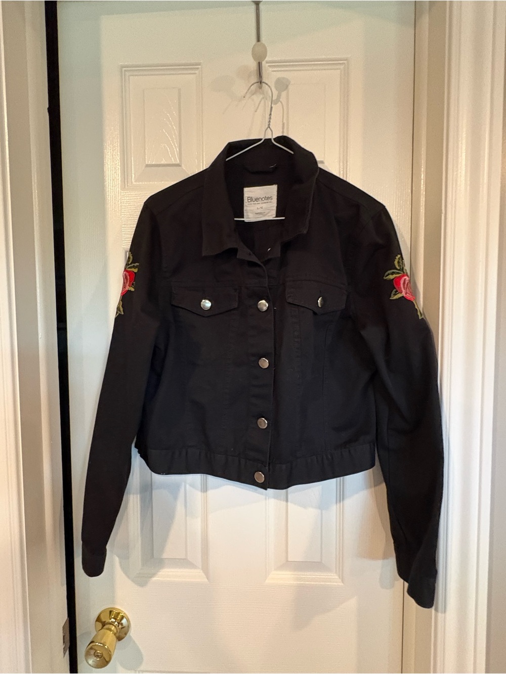 Bluenotes Black Denim Jacket with Embroidered Rose Sleeves